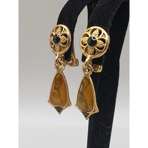 Vintage Gold-Tone Enamel Drop Earrings Art Deco Revival Black Amber look - Picture 3 of 7